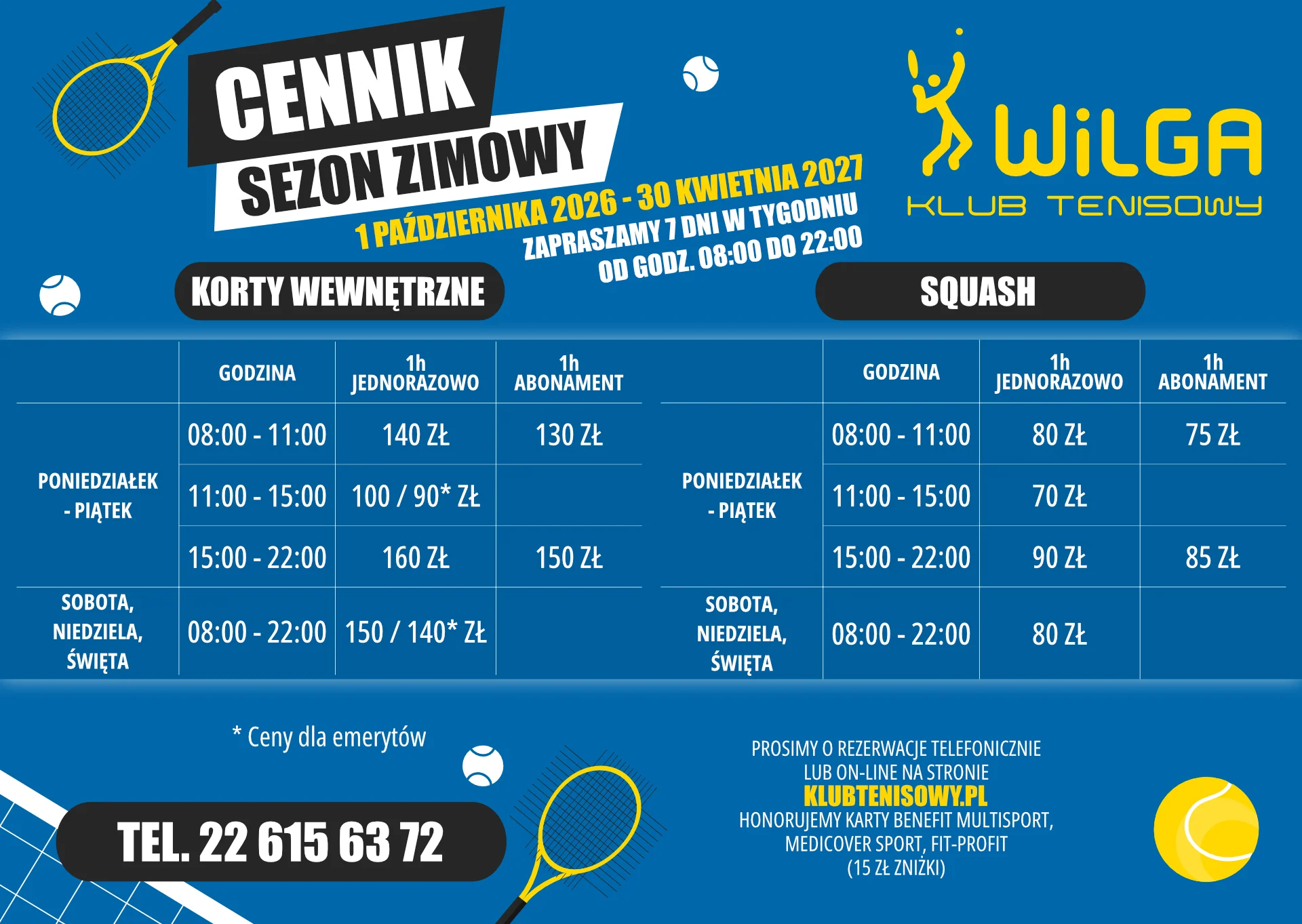 Cennik - tenis, korty tenisowe i squash, klub tenisowy Wilga w Warszawie
